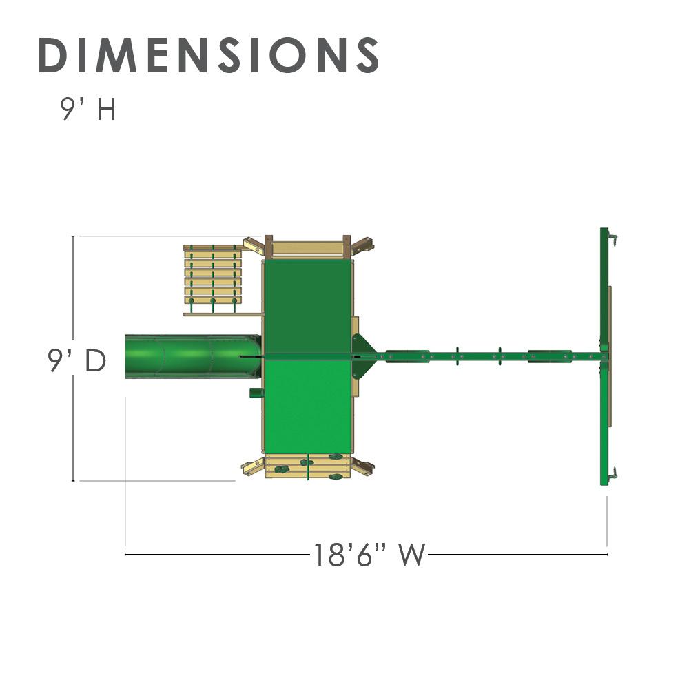 Overhead view of wooden playset with green vinyl canopy, tube slide, rock wall, swings, trapeze, and climbing ladder