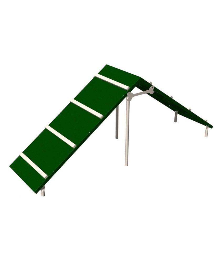 Green dog agility ramp with white safety strips, metal supports, and slip-resistant thermoplastic coating for balance and endurance training.