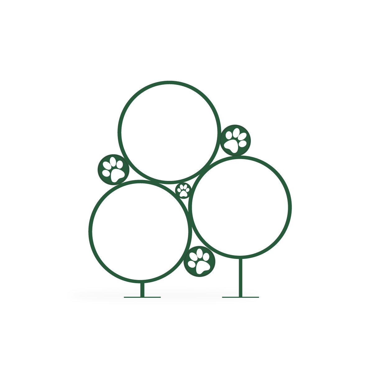 Three green dog agility hoops with paw print accents on stands arranged at varying heights for jump training