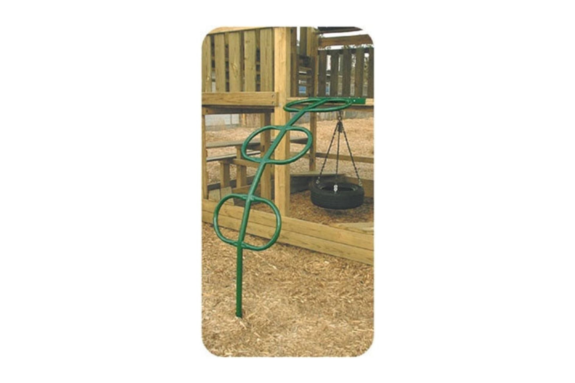 Horizontal Climber green powder-coated steel pipe attached to wooden swing set with tire swing in background