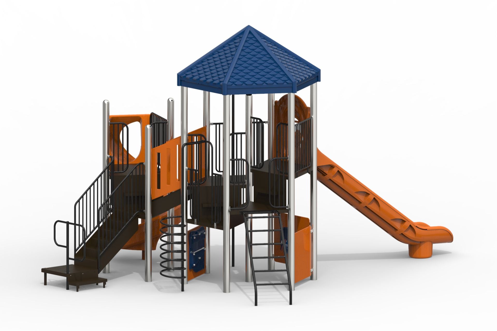 Outdoor playground climber with blue hex roof, orange slides, black railings, spiral and arch climbers, and interactive play panels
