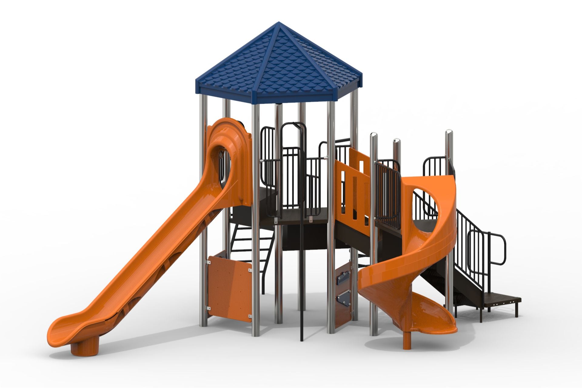 Playground climber with blue hex roof, orange straight and spiral slides, metal poles, black railings, and interactive play panels