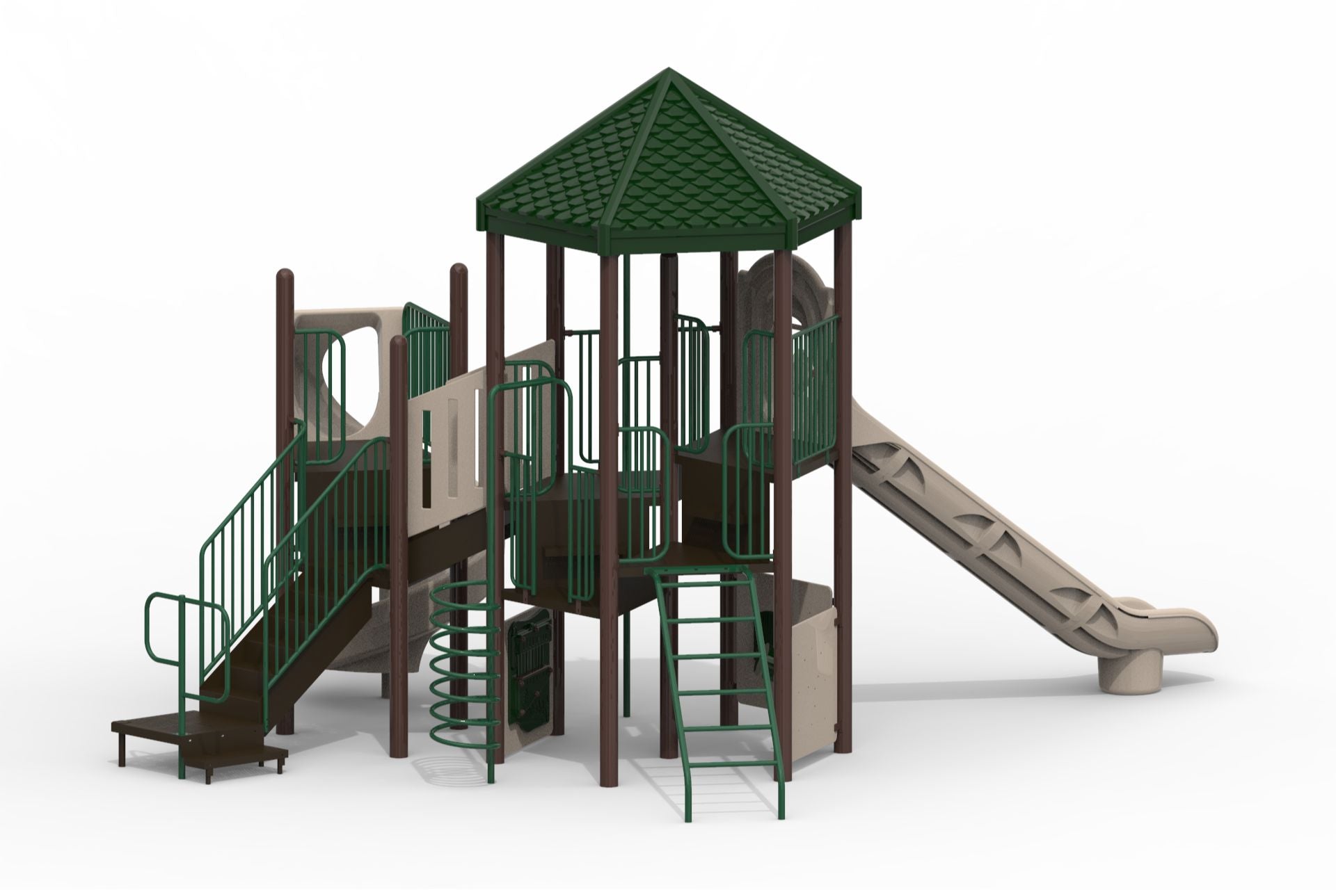 Outdoor playground climber with hexagonal roof, spiral and straight slides, stairs, green railings, and brown posts