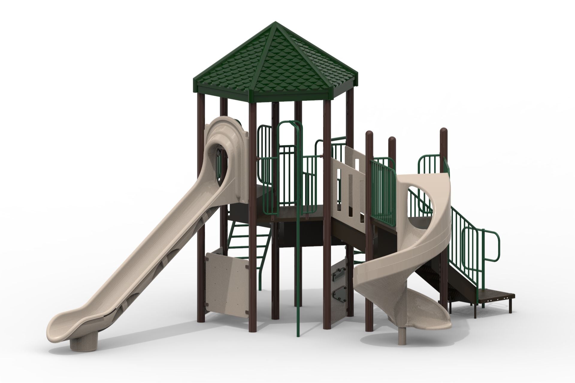 Hot Springs WillyGoat Playground Climber with green hex roof, beige slides, spiral slide, climbing stairs, and play panels