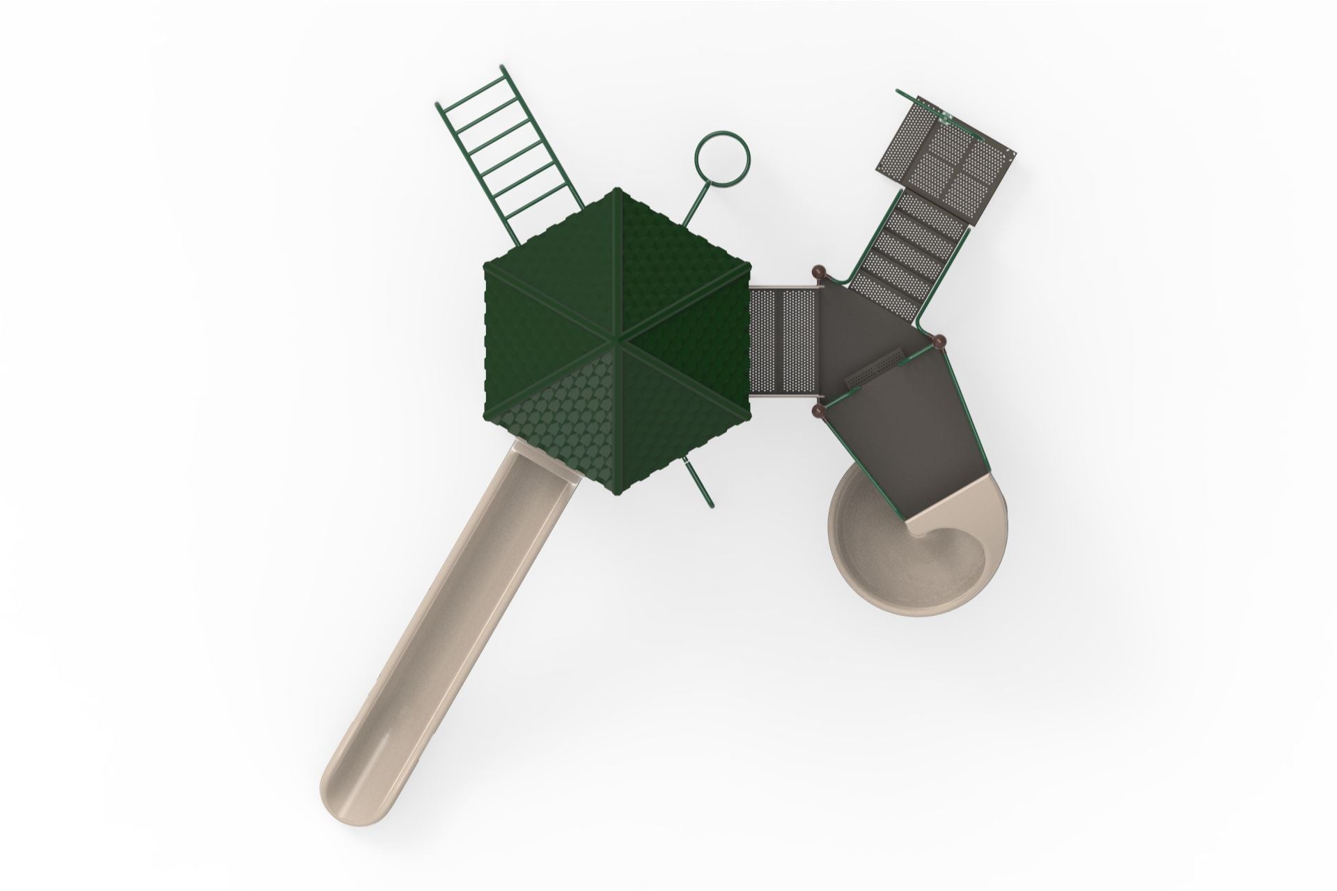 Overhead view of large playground climber with hexagonal roof, green and beige slides, ladders, and interactive play panels