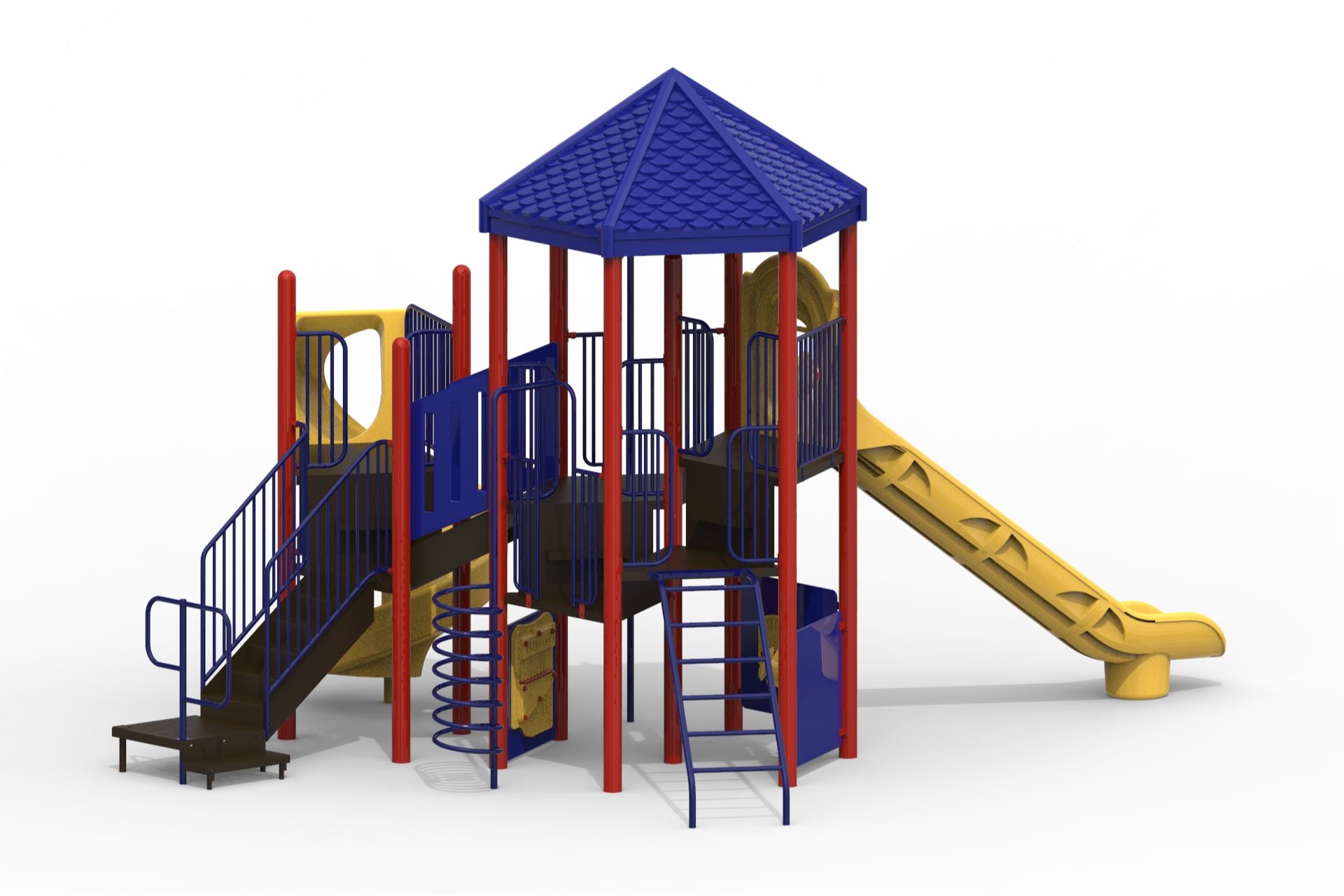 Colorful playground climber with blue hex roof, red posts, yellow slides, stairs, firepole, and various climbing elements.