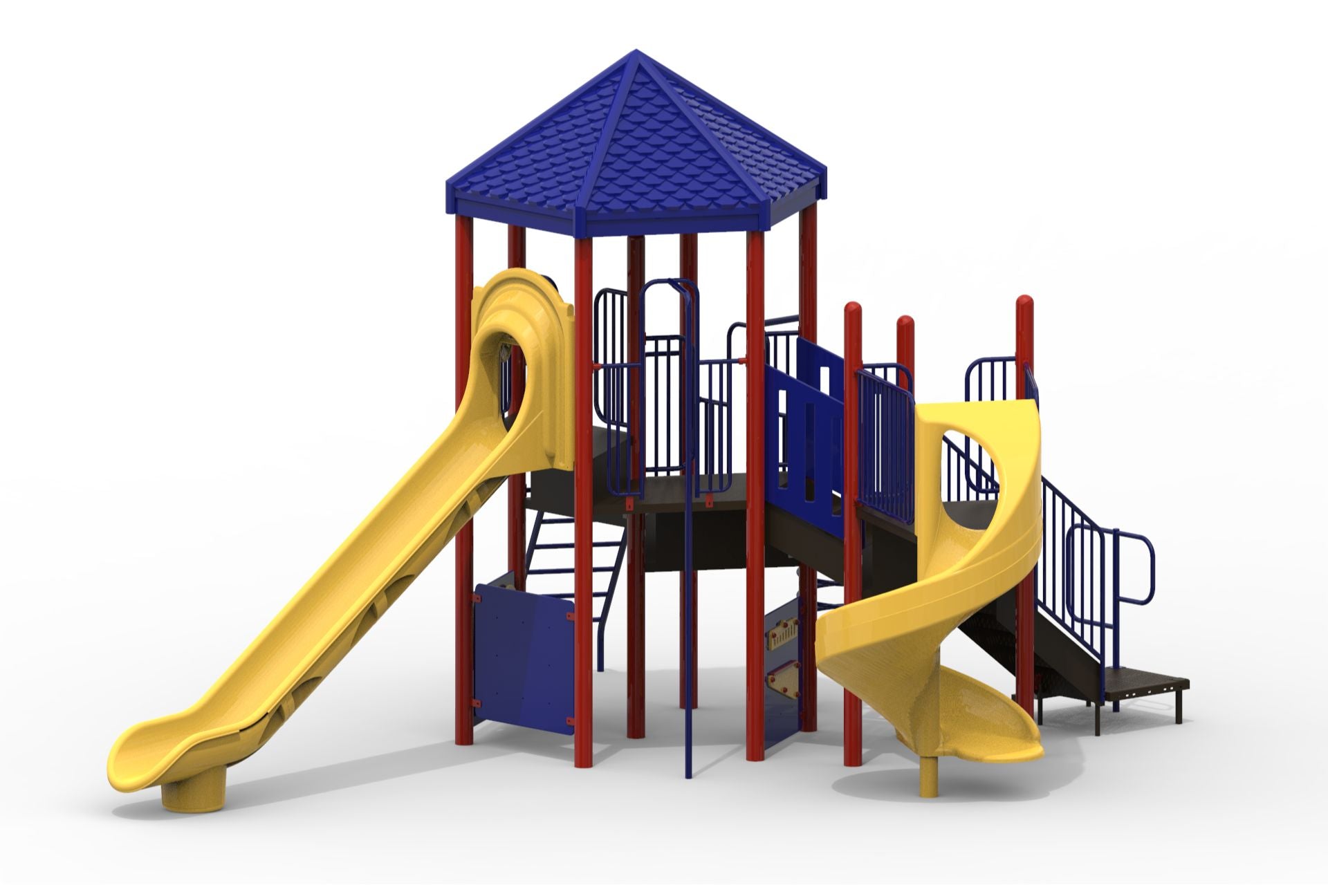 Playground climber with blue hex roof, red posts, yellow straight and spiral slides, blue safety railings, and multiple climbing features