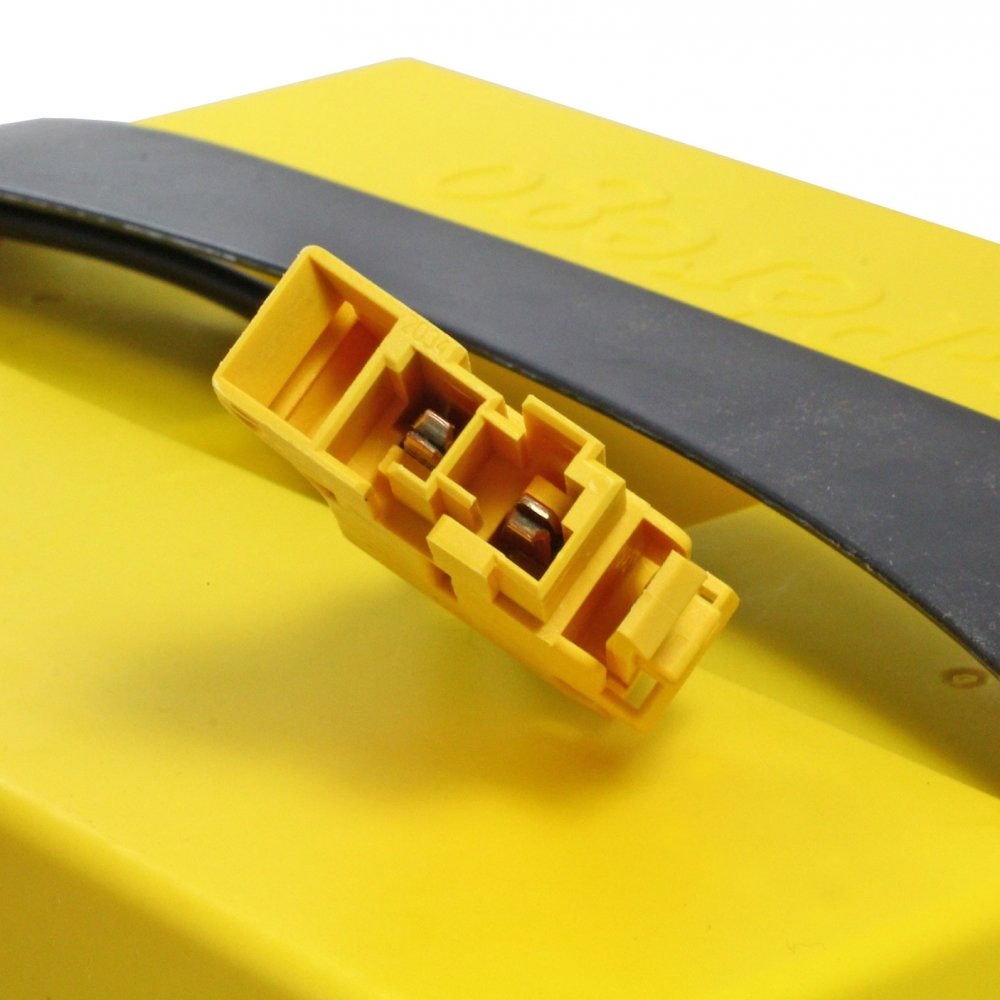 Yellow rechargeable 24-volt battery with black handle and yellow connector plug for kids' riding vehicles