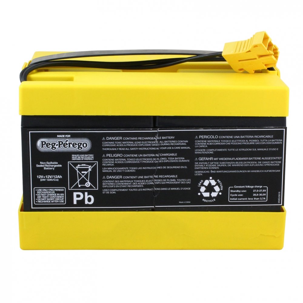 Yellow and black sealed rechargeable 24-volt battery with attached cable connector for children's riding vehicles