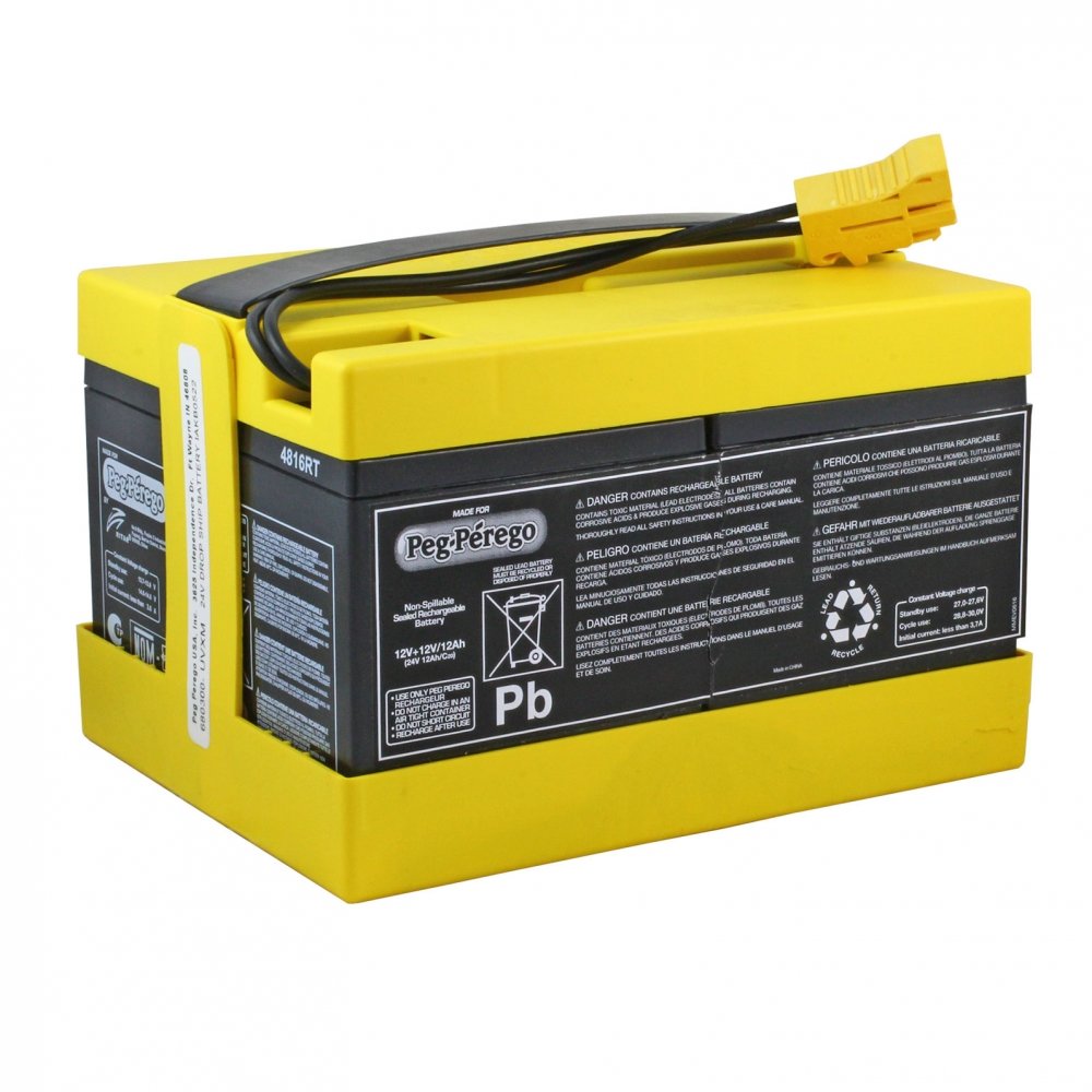 Peg Perego Replacement 24-Volt Battery with yellow casing, black label, and attached black cable with yellow connector for riding vehicles