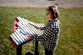Child playing on outdoor metallophone with blue trim and aluminum keys in grassy park setting