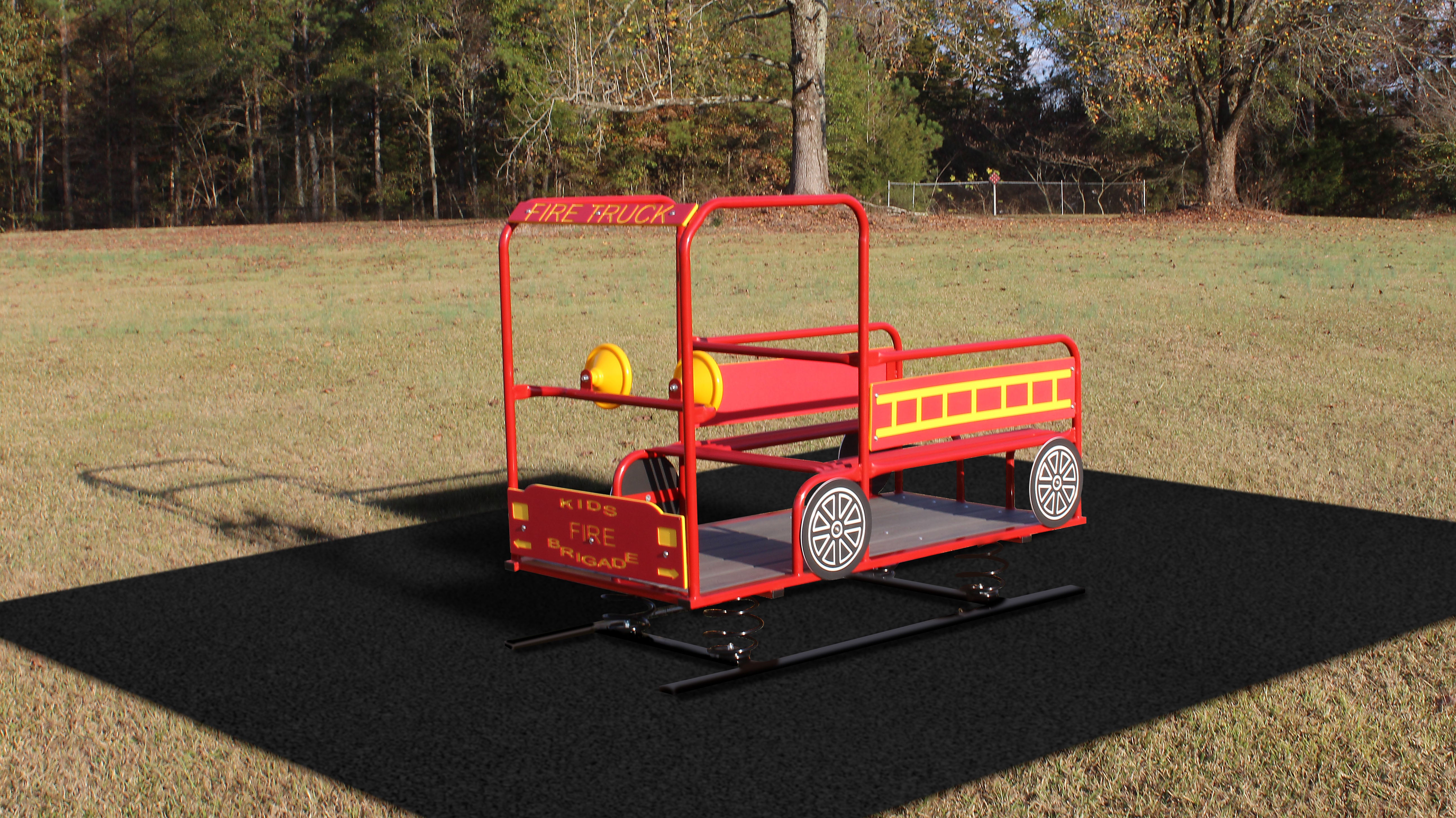 Red fire truck spring rider with yellow ladder and wheel details on grass, designed for multiple children to play together.