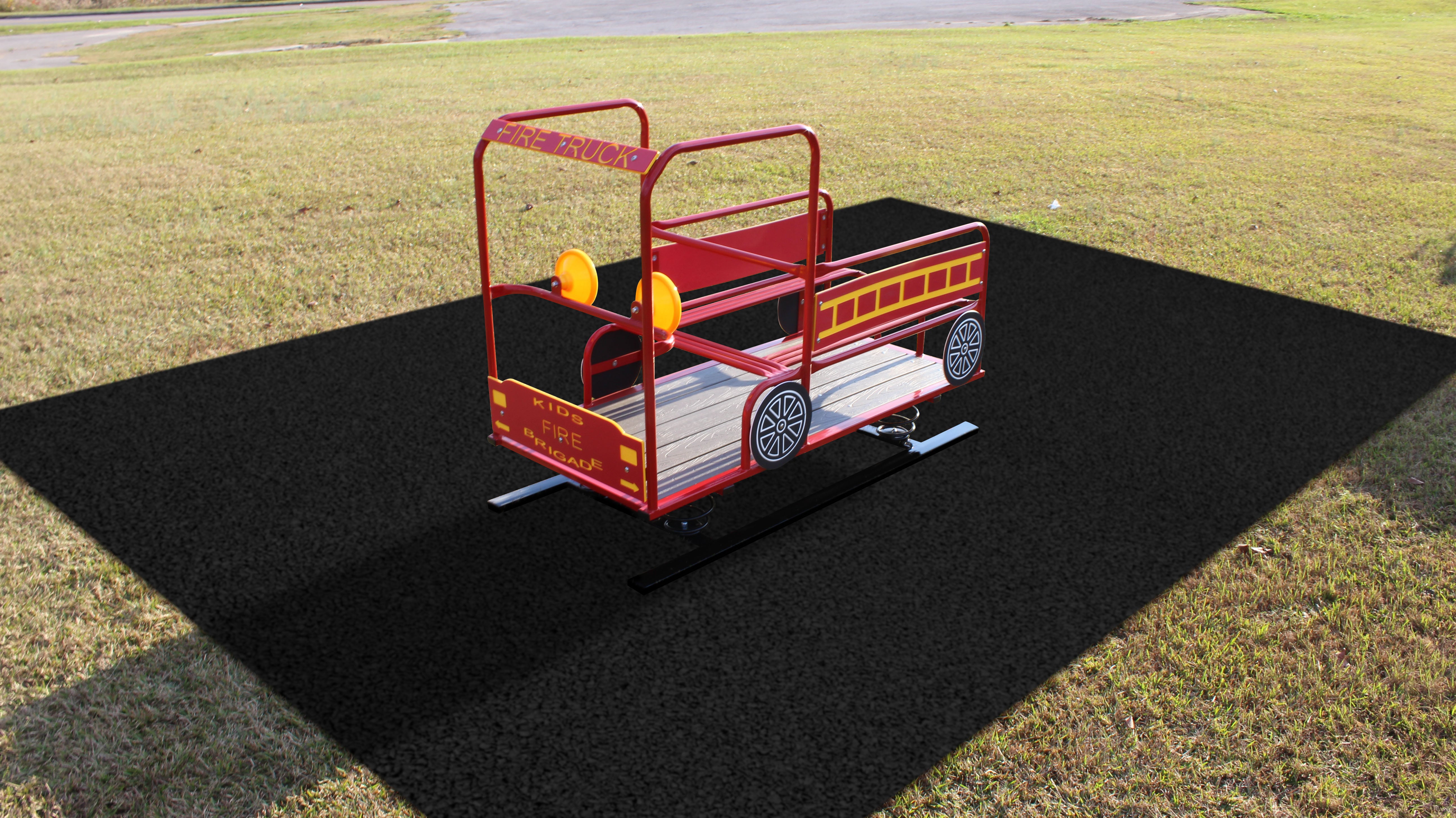 Red and yellow multi-passenger fire truck spring rider playground equipment with steering wheels and decorative wheels
