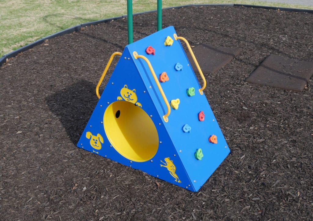 Blue and yellow children's climbing structure with colorful handholds, animal graphics, and a crawl-through tunnel