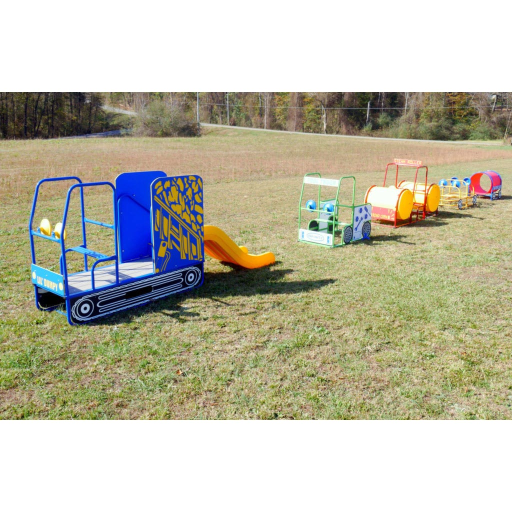 Road Crew Set - 5 Piece Fun Set with colorful construction-themed play structures including slide and climbing elements on grassy playground