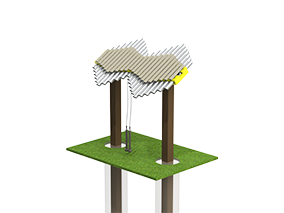 Yellow outdoor pentatonic musical instrument with fiberglass bars, two mallets on cables, mounted on wooden posts with canopy