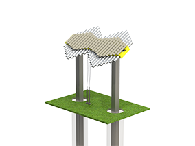 Yellow outdoor musical instrument with 22 pentatonic fiberglass bars, two attached mallets, and steel posts mounted in ground