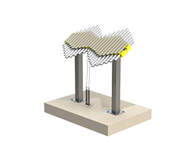 Yellow outdoor musical instrument with curved fiberglass bars on steel posts and two attached mallets for park use