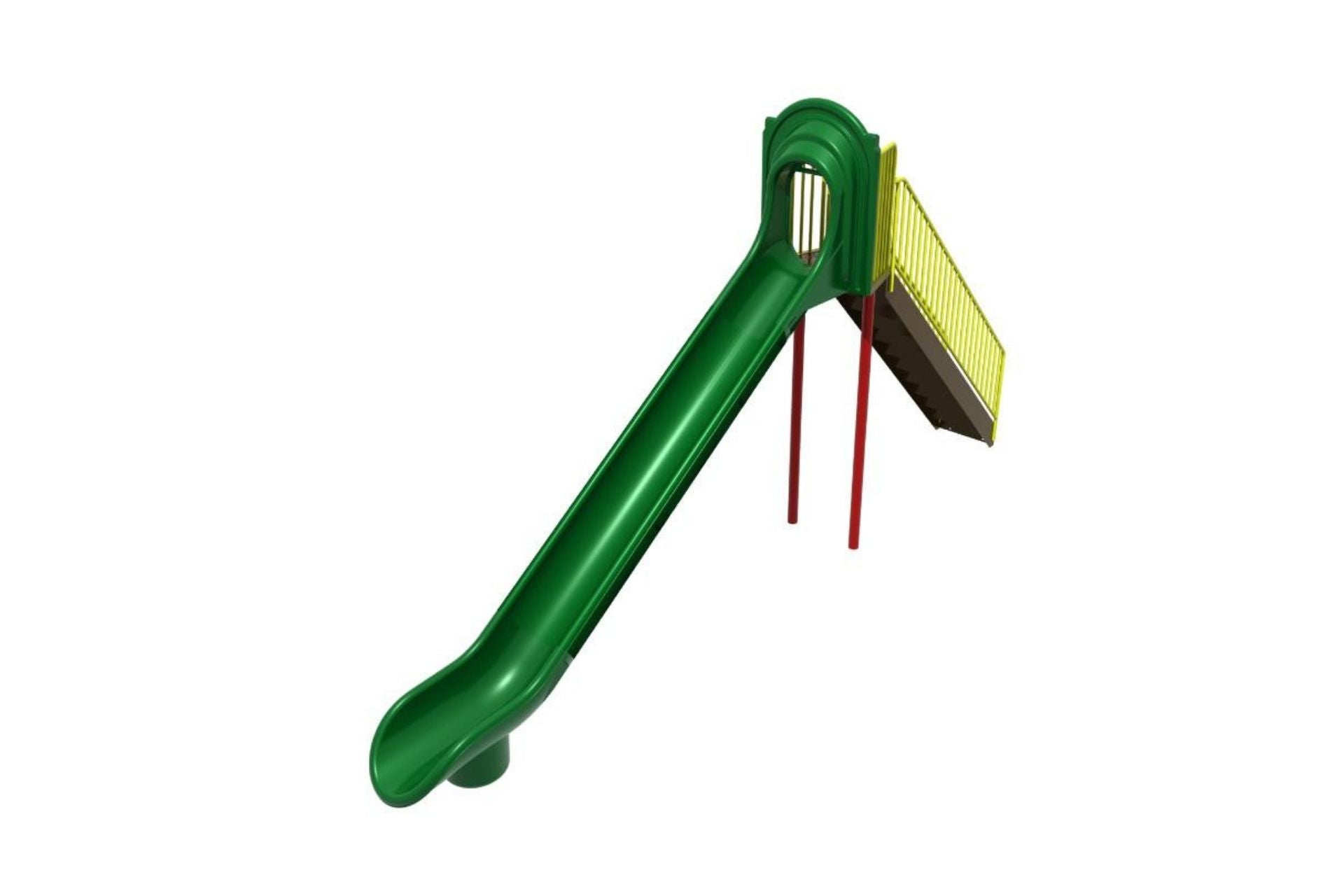 Independent Slide (7 Foot Deck) with green high-sided polyethylene slide, yellow stairs, and red support poles on white background