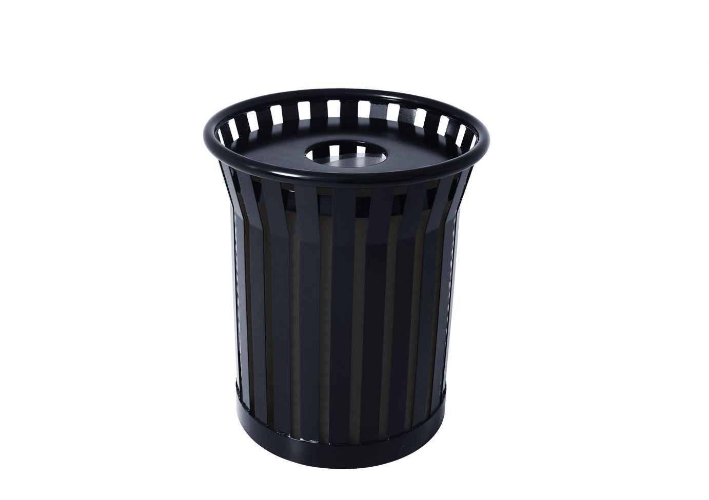 Jackson 32 Gallon Receptacle with flat top lid, black metal outdoor trash can with vertical slats and circular opening
