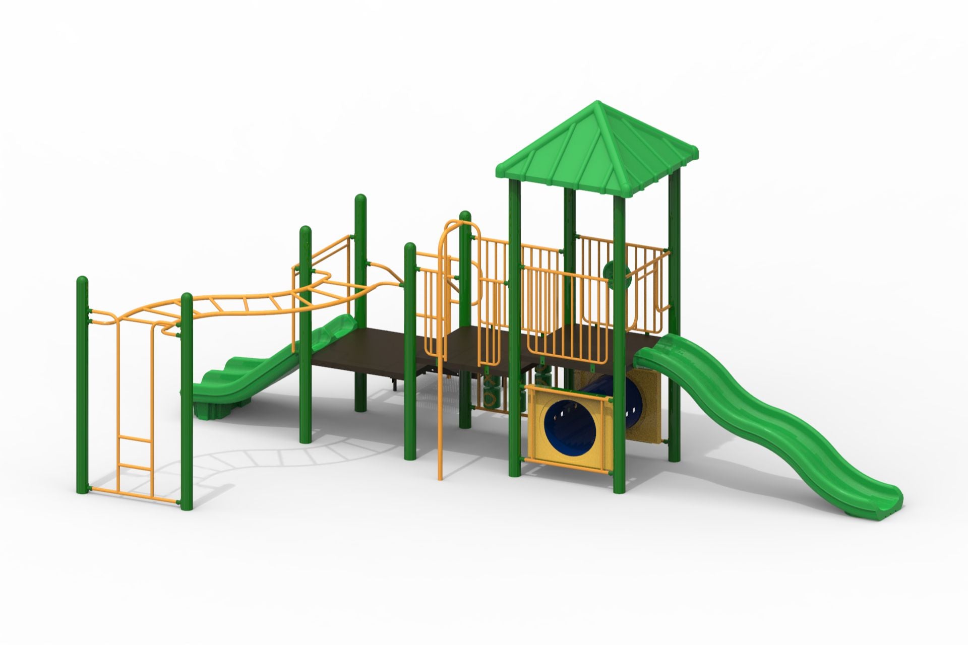 Green and yellow modular playground with wave and triple rail slides, horizontal ladder, crawl tunnel, tic tac toe panel, and climbing structures