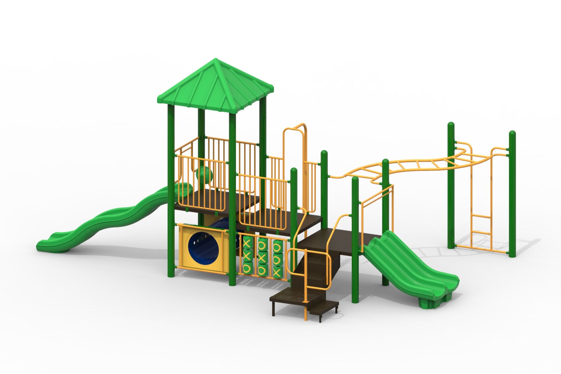 Green and yellow modular playground with wave and triple rail slides, tic tac toe panel, climbing ladder, horizontal bars, firepole, and crawl tunnel