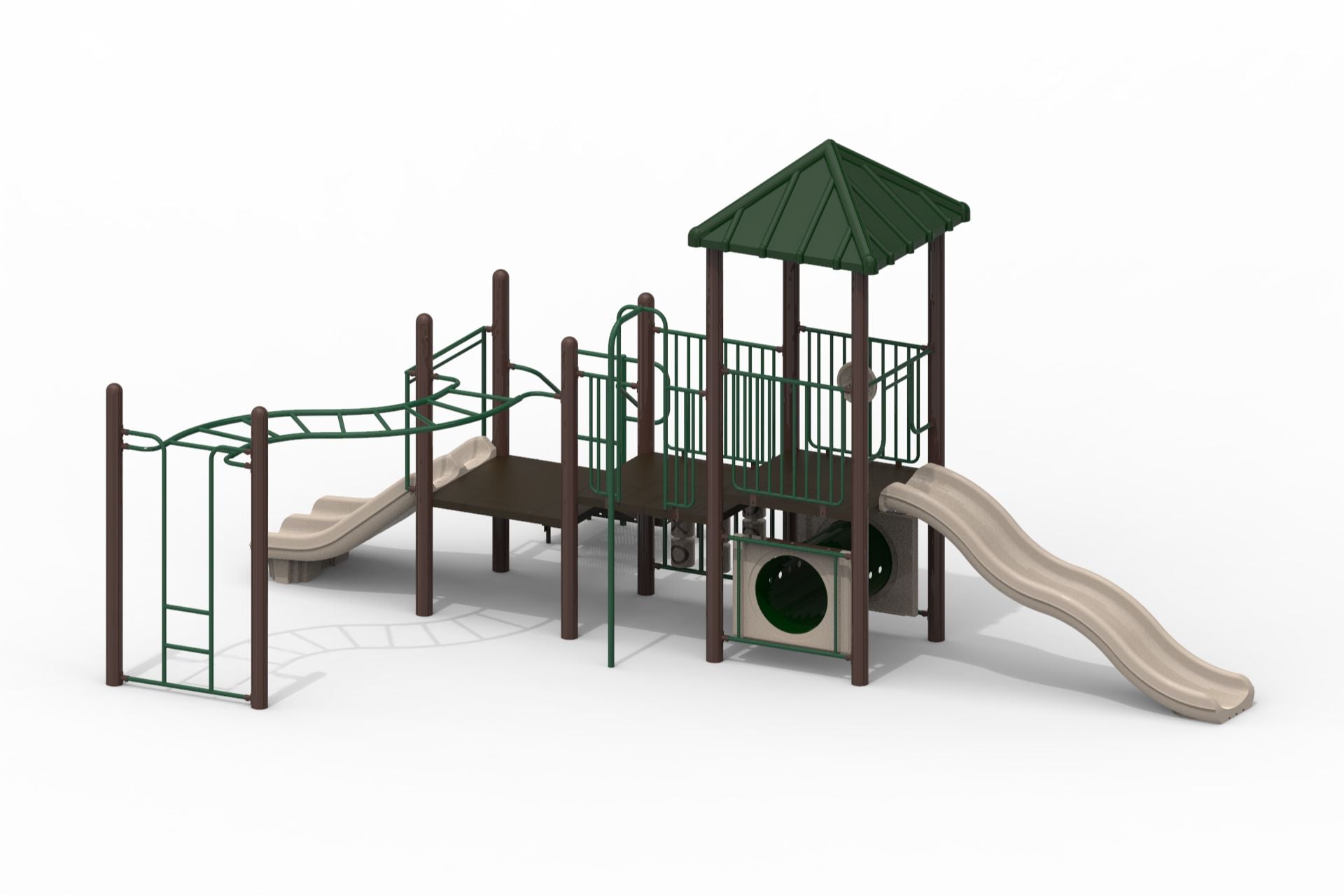 Modular playground with green metal posts, beige wave and triple rail slides, climbing ladder, crawl tunnel, and roofed platform