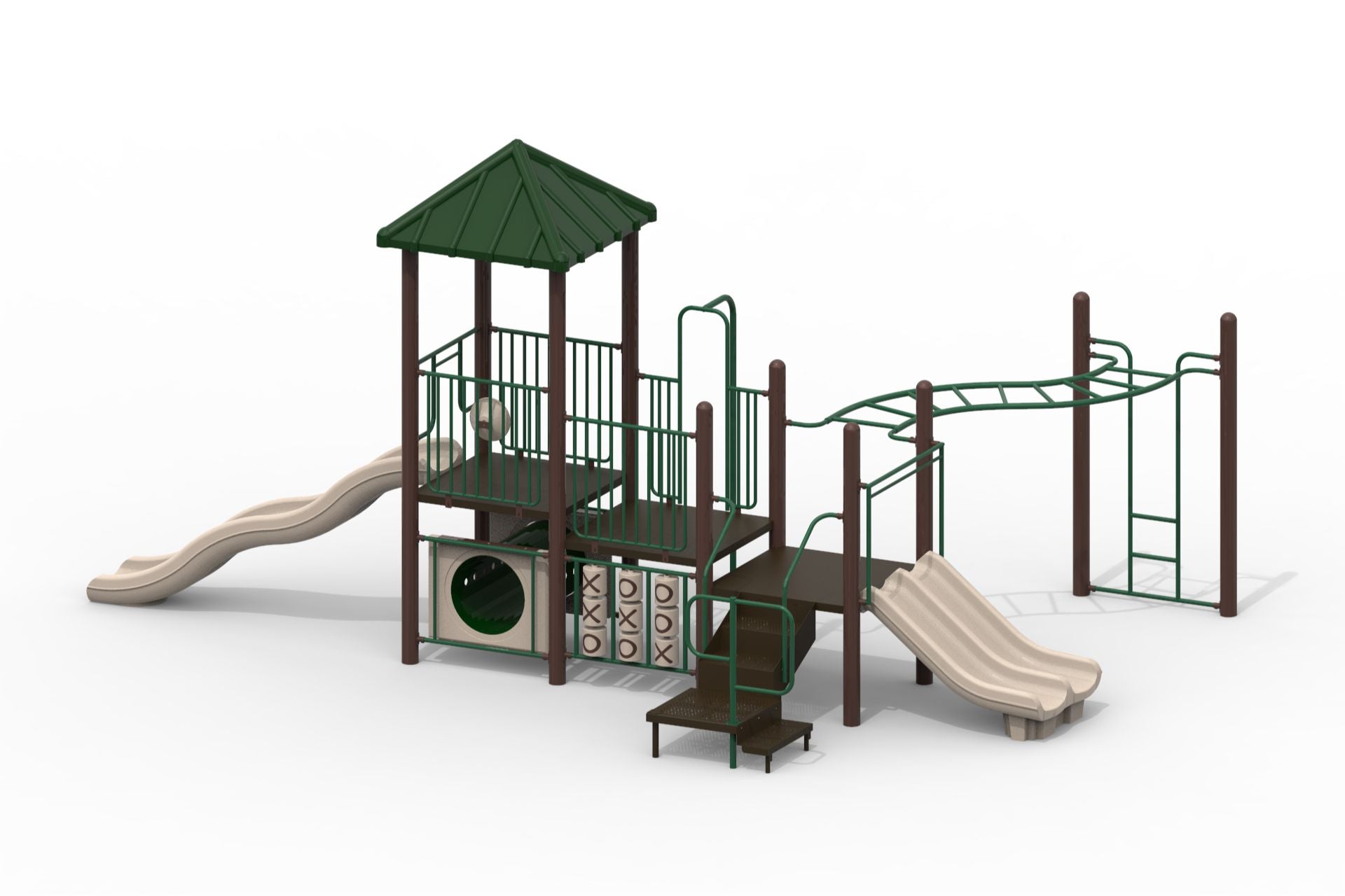 Jaime Modular Playground with natural-colored wave and triple slides, tic tac toe panels, crawl tunnel, firepole, and climbing structures