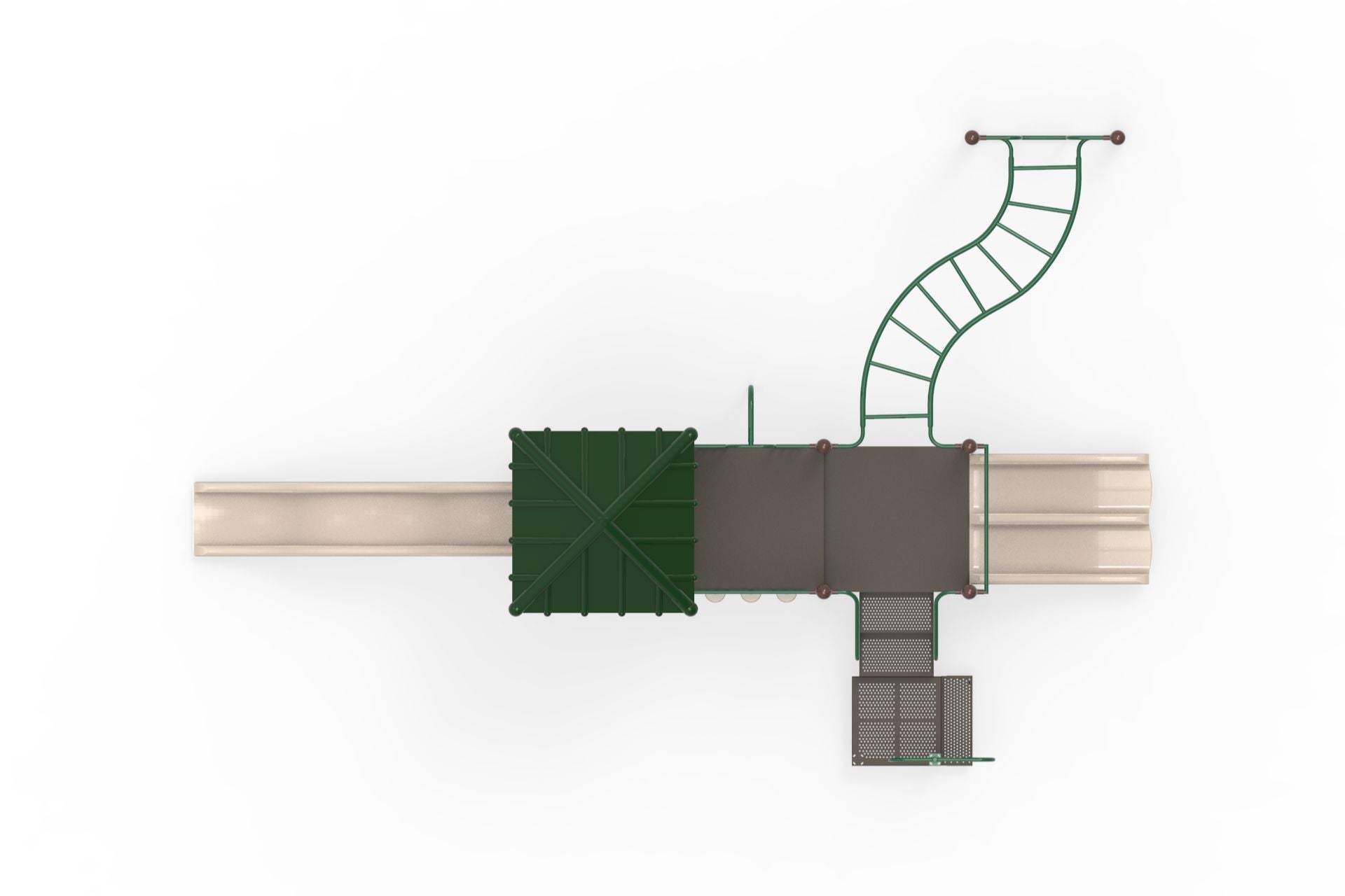 Overhead view of modular playground with metal decks, wave slide, triple rail slide, curved horizontal ladder, and climbing features