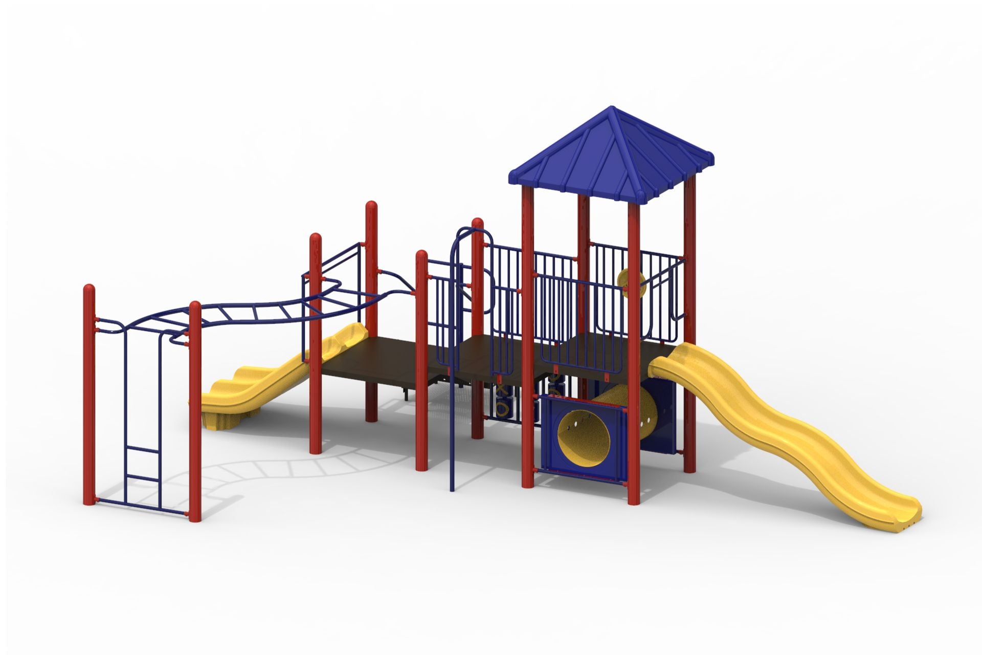 Modular playground with red metal posts, blue railings, yellow slides, crawl tunnel, climbing features, and play panels