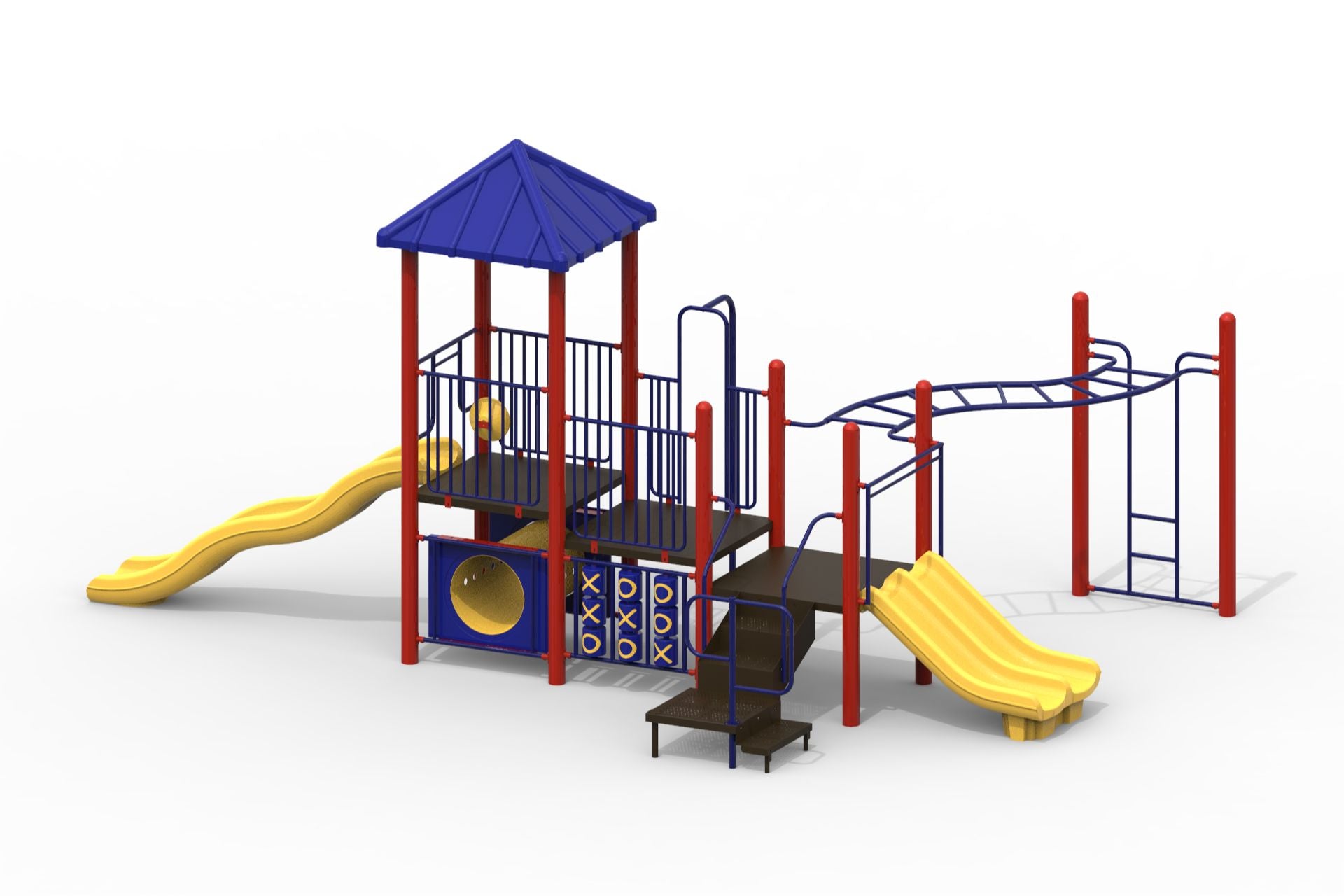 Playground with red and blue metal structure, yellow wave and double slides, tic tac toe panel, crawl tunnel, and monkey bars.