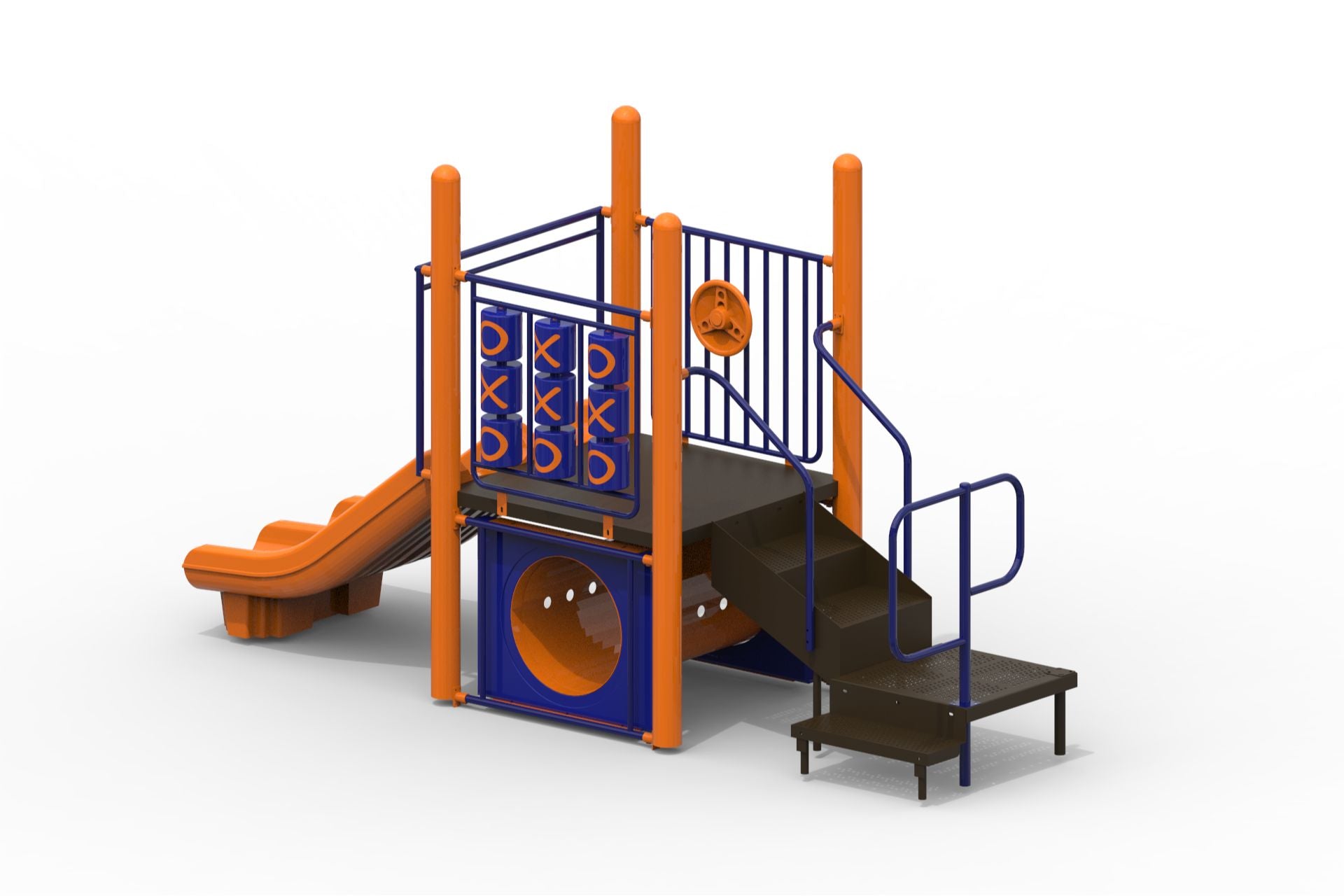 Compact modular playground with orange slide, blue tic-tac-toe panels, climbing stairs, and tunnel crawl space