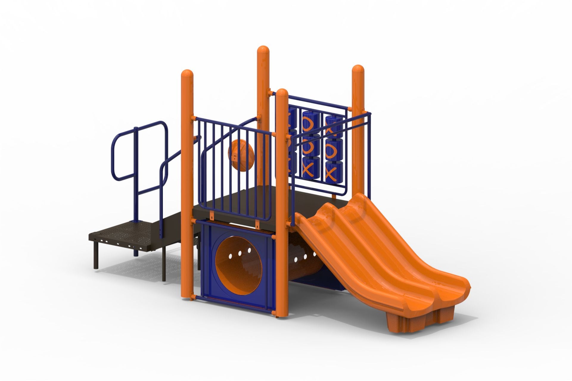 Compact modular playground featuring orange dual slides, blue tic-tac-toe panel, climbing tunnel, and safety railings.