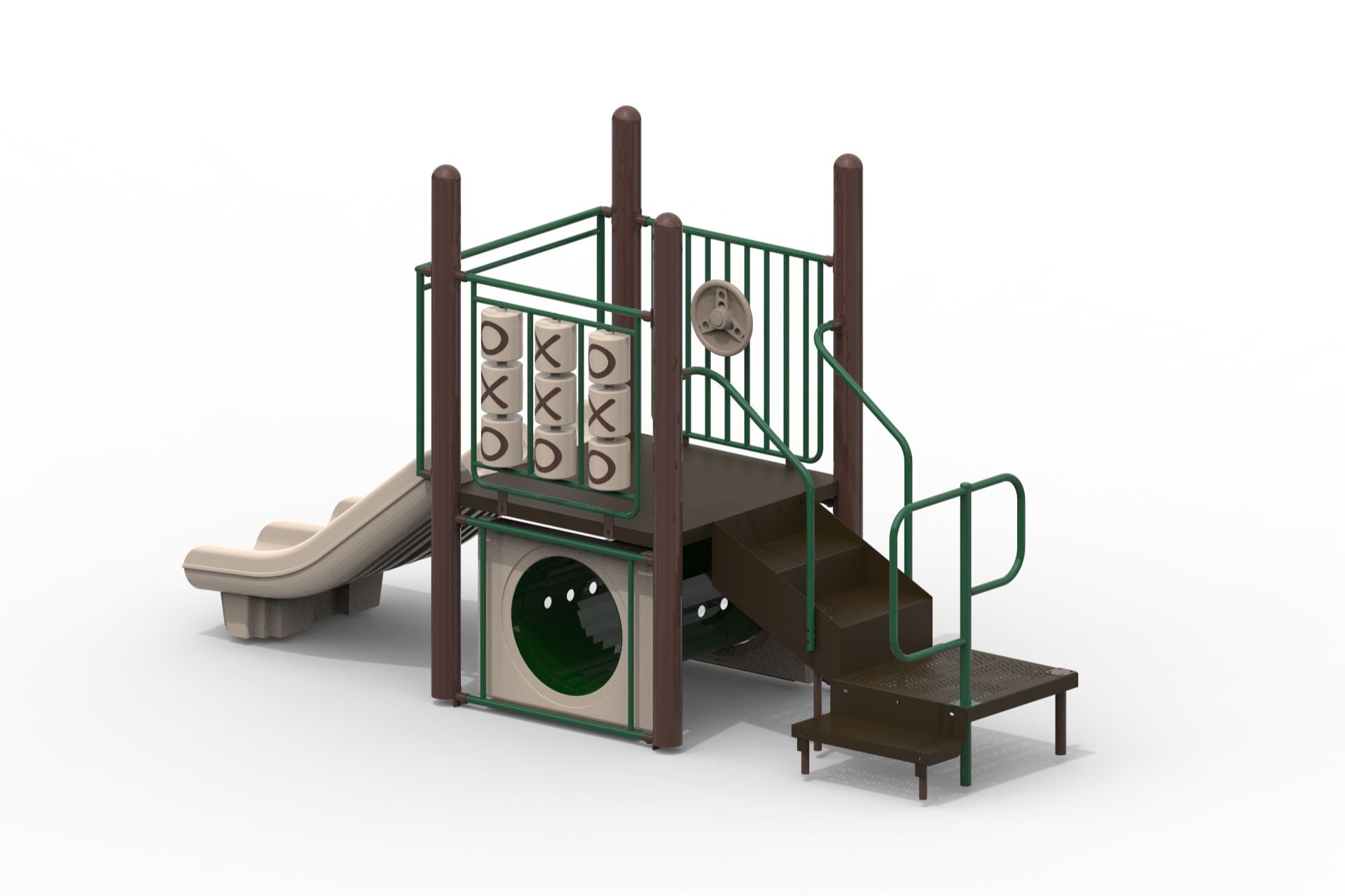 Compact natural-toned modular playground with slide, climbing stairs, steering wheel, and tic-tac-toe panels
