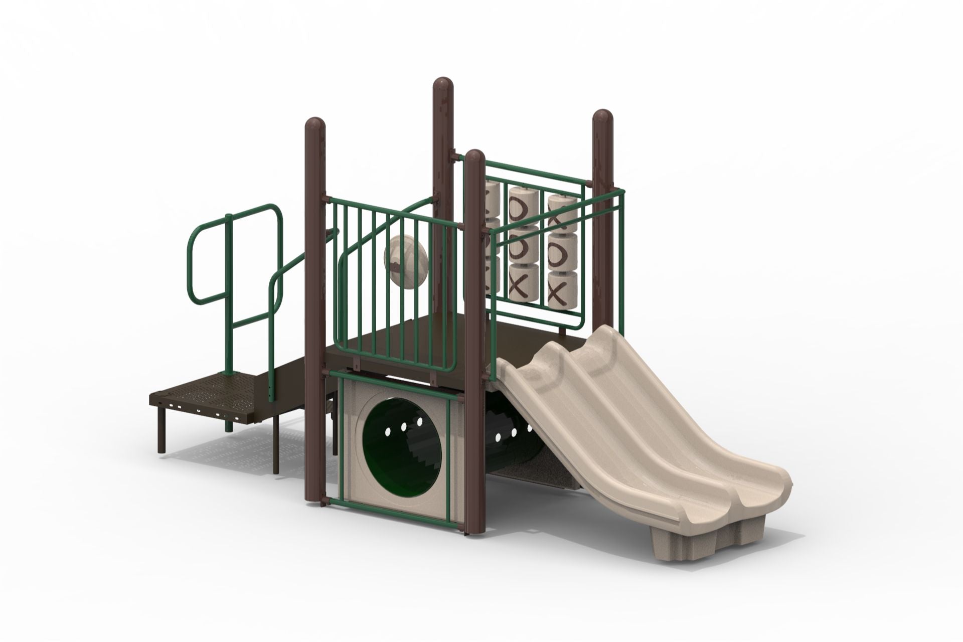 Jeremy Modular Playground with dual beige slides, tic-tac-toe panel, green railings, and natural brown uprights
