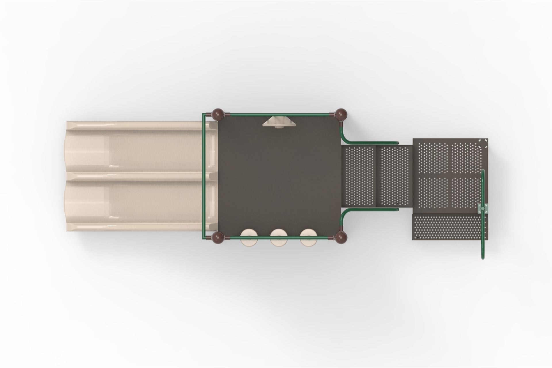 Overhead view of a modular playground with dual beige slides, dark platforms, green railings, and climbing features