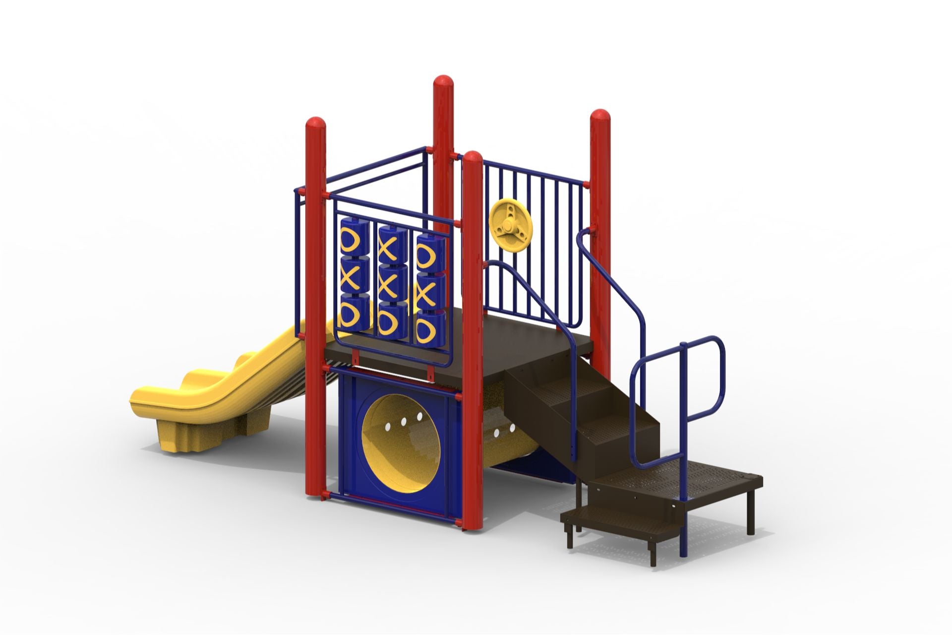 Compact modular playground with yellow slide, tic-tac-toe panels, climbing steps, and red and blue metal frame