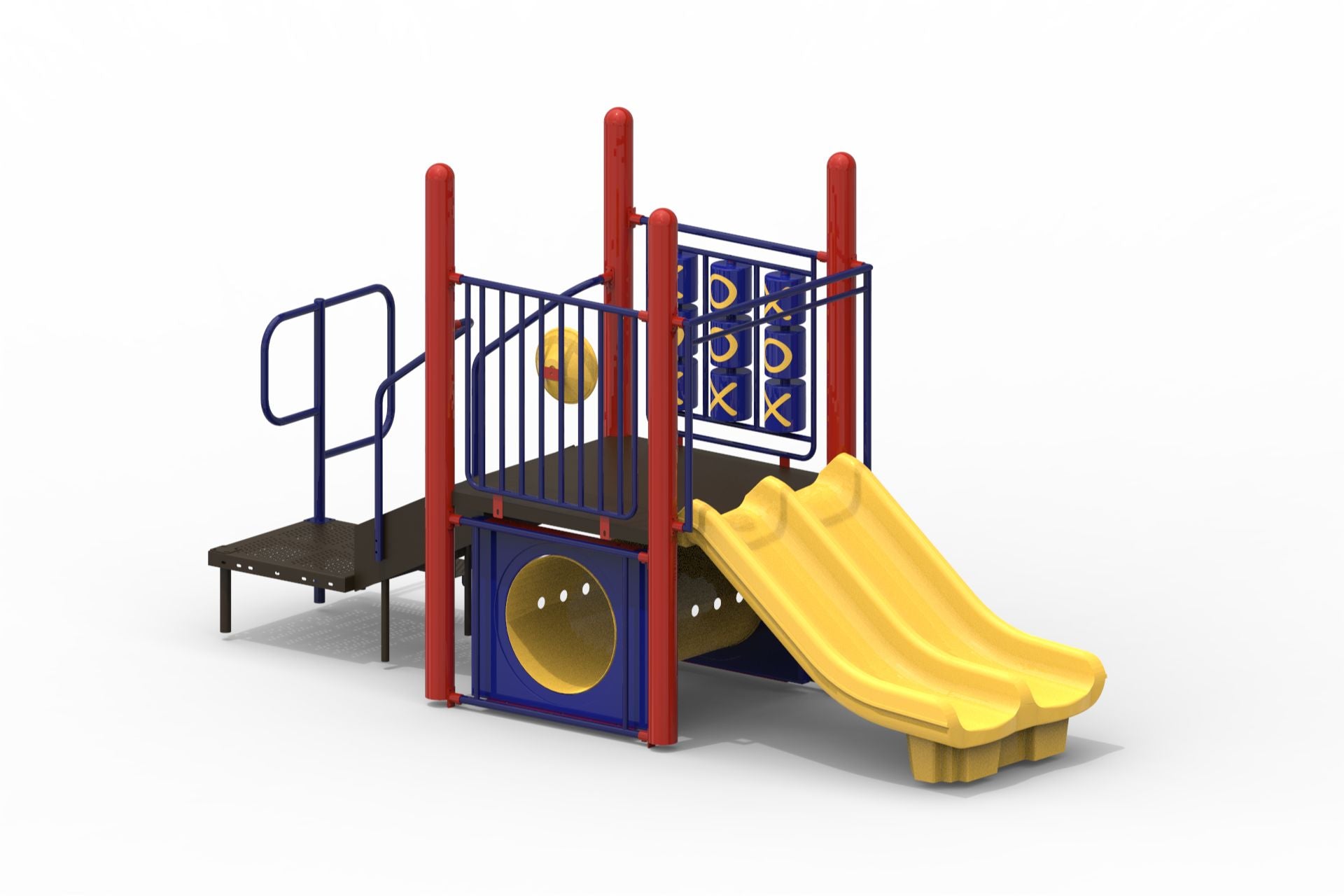 Compact modular playground with red uprights, blue railings, tic-tac-toe panels, tunnel, and dual yellow slides