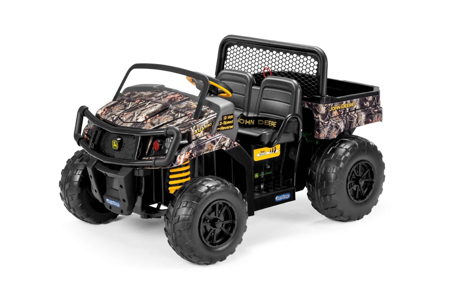 John Deere Gator XUV Camouflage 12-Volt Ride On Vehicle with Realtree camo, brush guard, two seats, and large dump bed