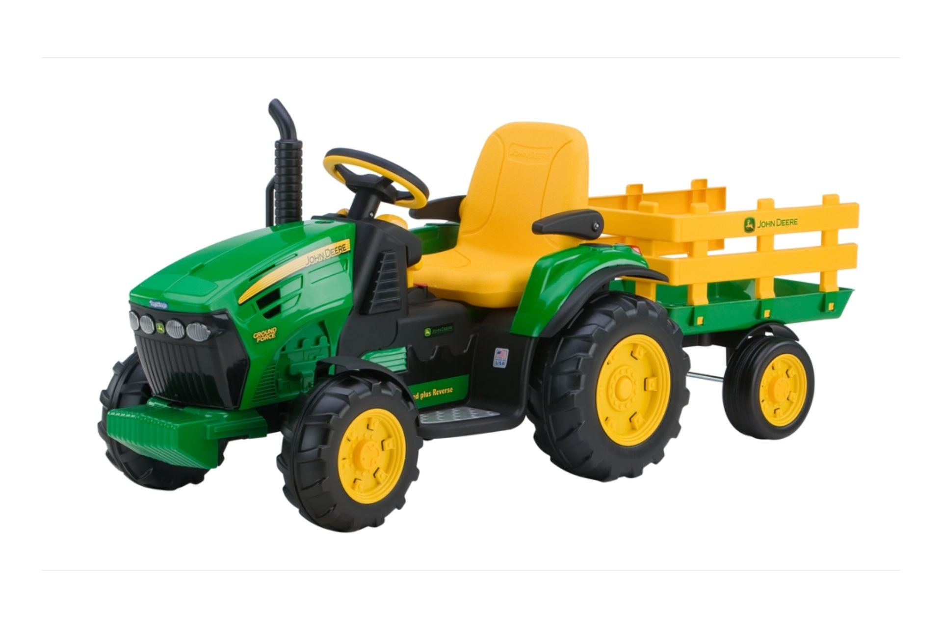 John Deere Ground Force Tractor With Trailer 12-Volt ride-on vehicle in green and yellow with detachable stake-side trailer and adjustable seat