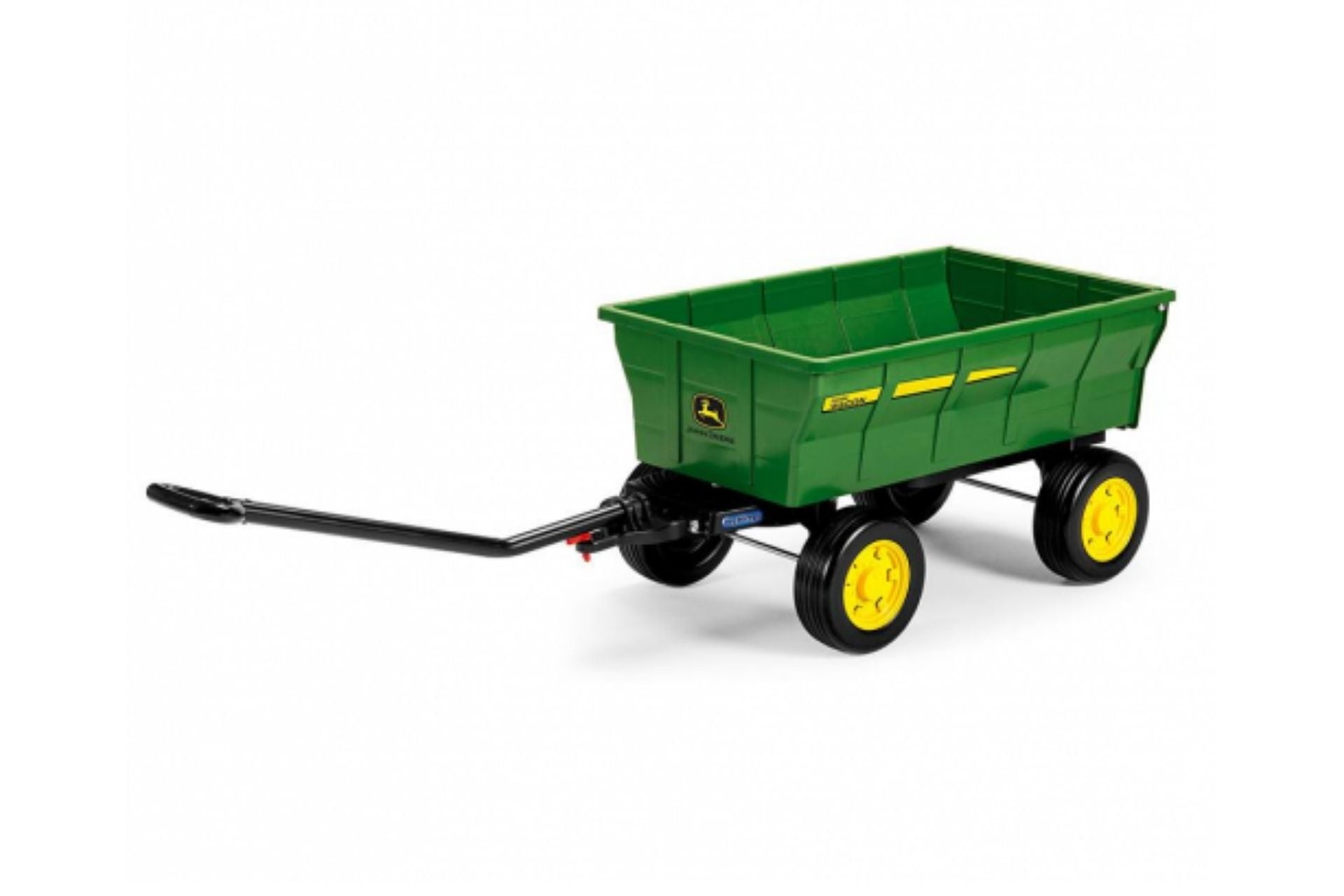 John Deere Farm Wagon with green bed, yellow wheels, black detachable handle, and hitch for children's riding vehicles