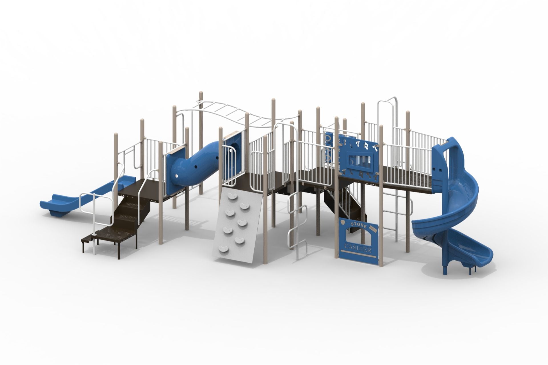 Outdoor playground structure with blue spiral slide, tube slide, climbing wall, monkey bars, and interactive play panels