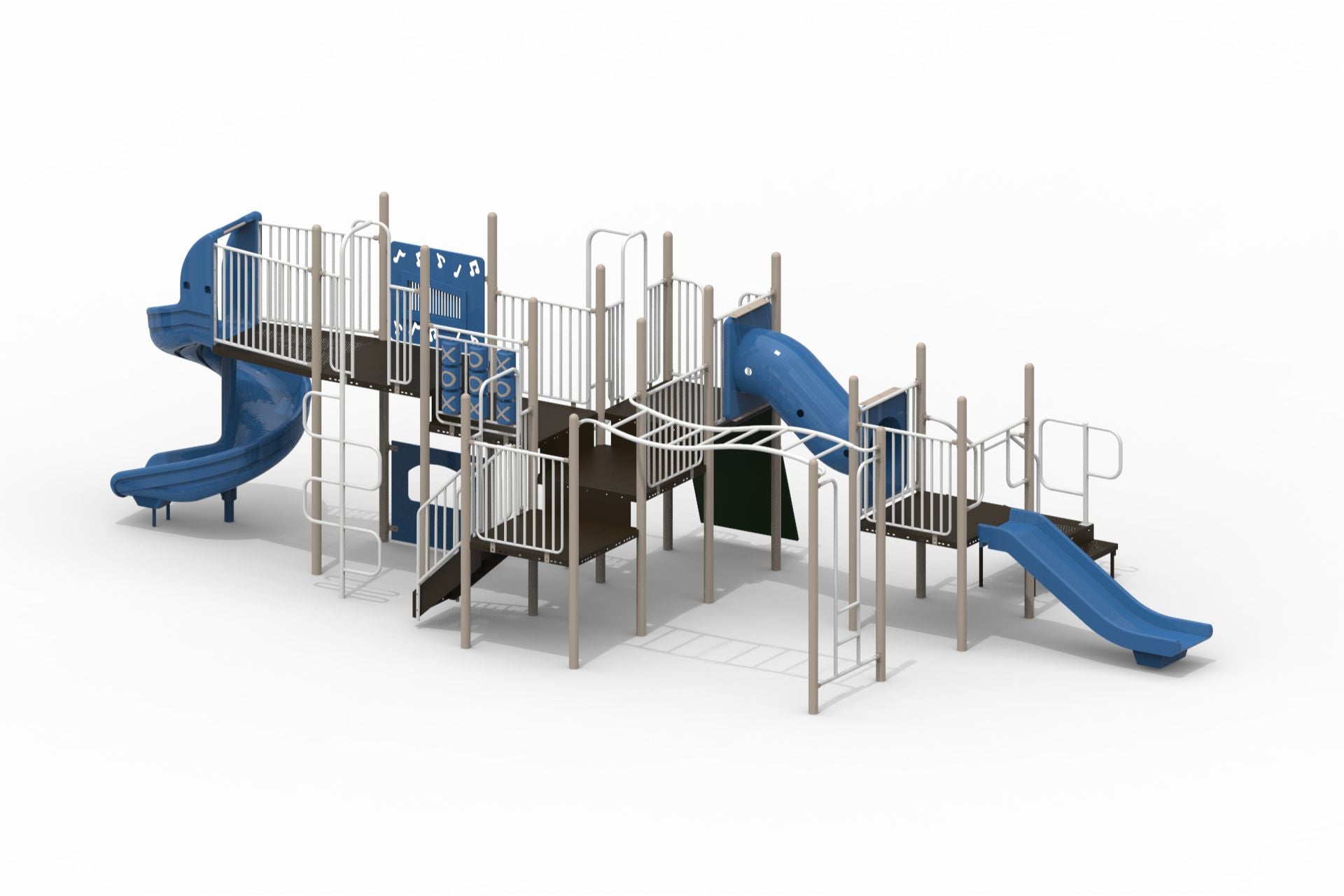 Blue and beige playground structure with spiral and double wall slides, climbers, horizontal ladder, tic tac toe, and music panels
