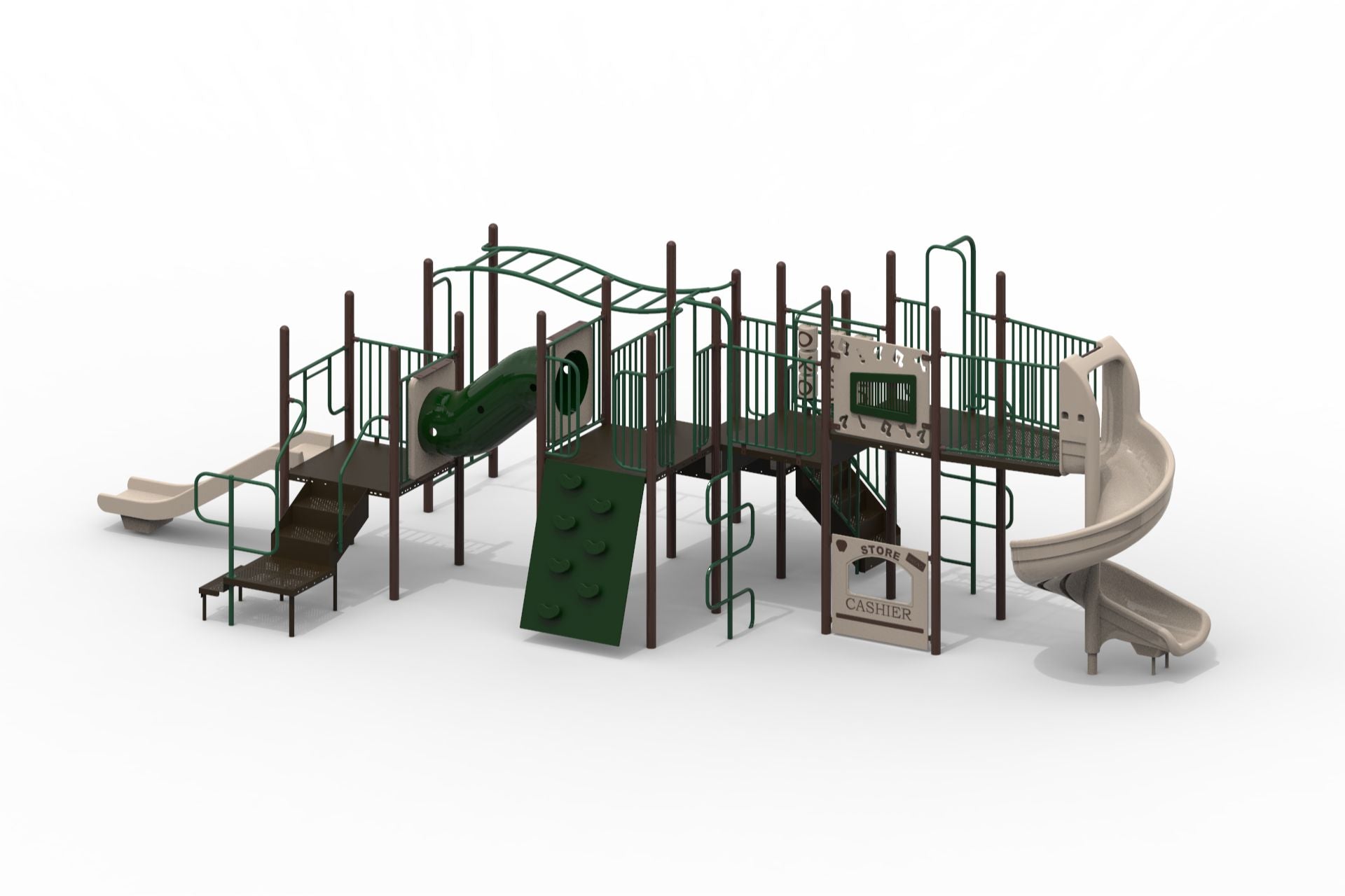 Large outdoor playground with slides, climbing walls, monkey bars, tic tac toe, and store play panels in green and beige tones.
