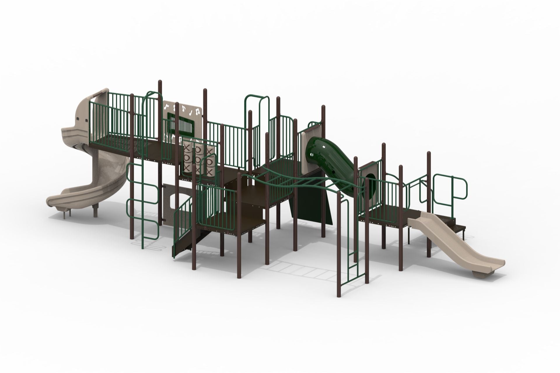 Joshua Tree WillyGoat Playground with green and brown climbing structures, spiral and double wall slides, tic tac toe and music panels in natural outdoor setting