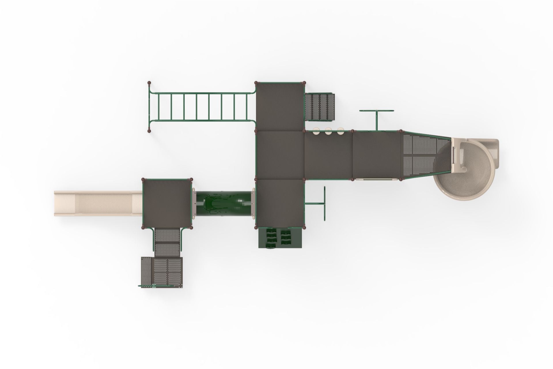 Overhead view of a large green and beige playground with slides, climbers, tunnels, and activity panels