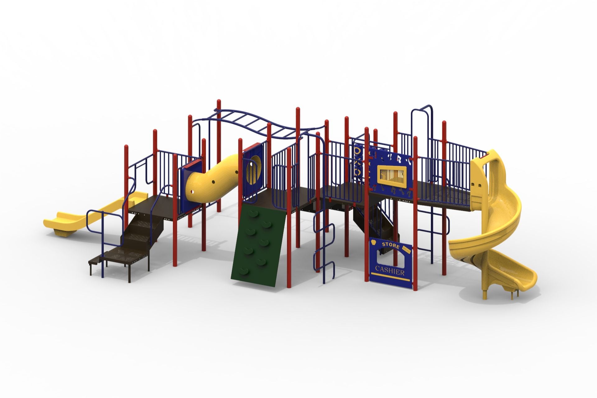 Colorful playground structure with slides, climbing walls, tunnels, monkey bars, and interactive panels in red, yellow, blue, and green.