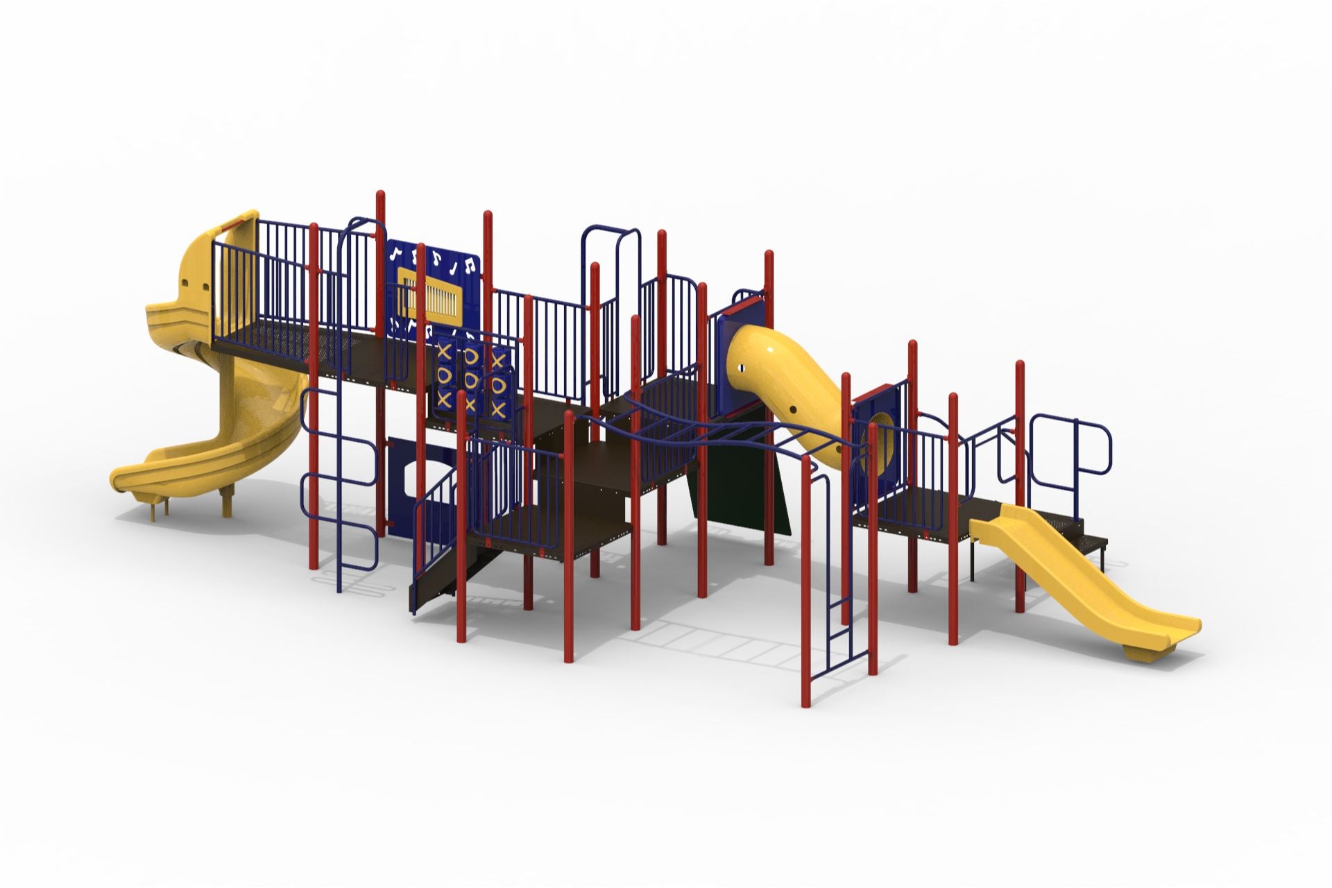 Colorful playground with yellow slides, red and blue climbing frames, tic tac toe and music panels, spiral and corkscrew climbers