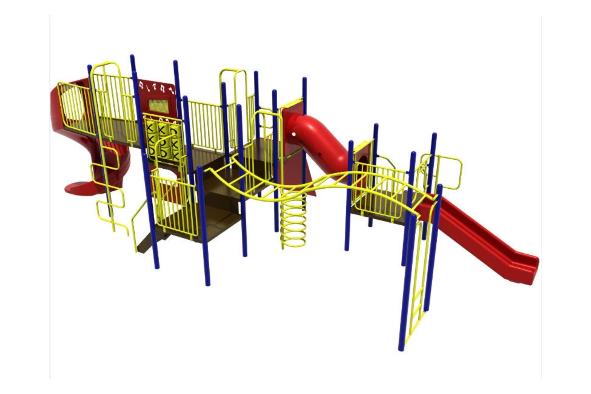 Colorful playground with red slides, yellow climbing bars, spiral ladder, tic tac toe panel, and music panel
