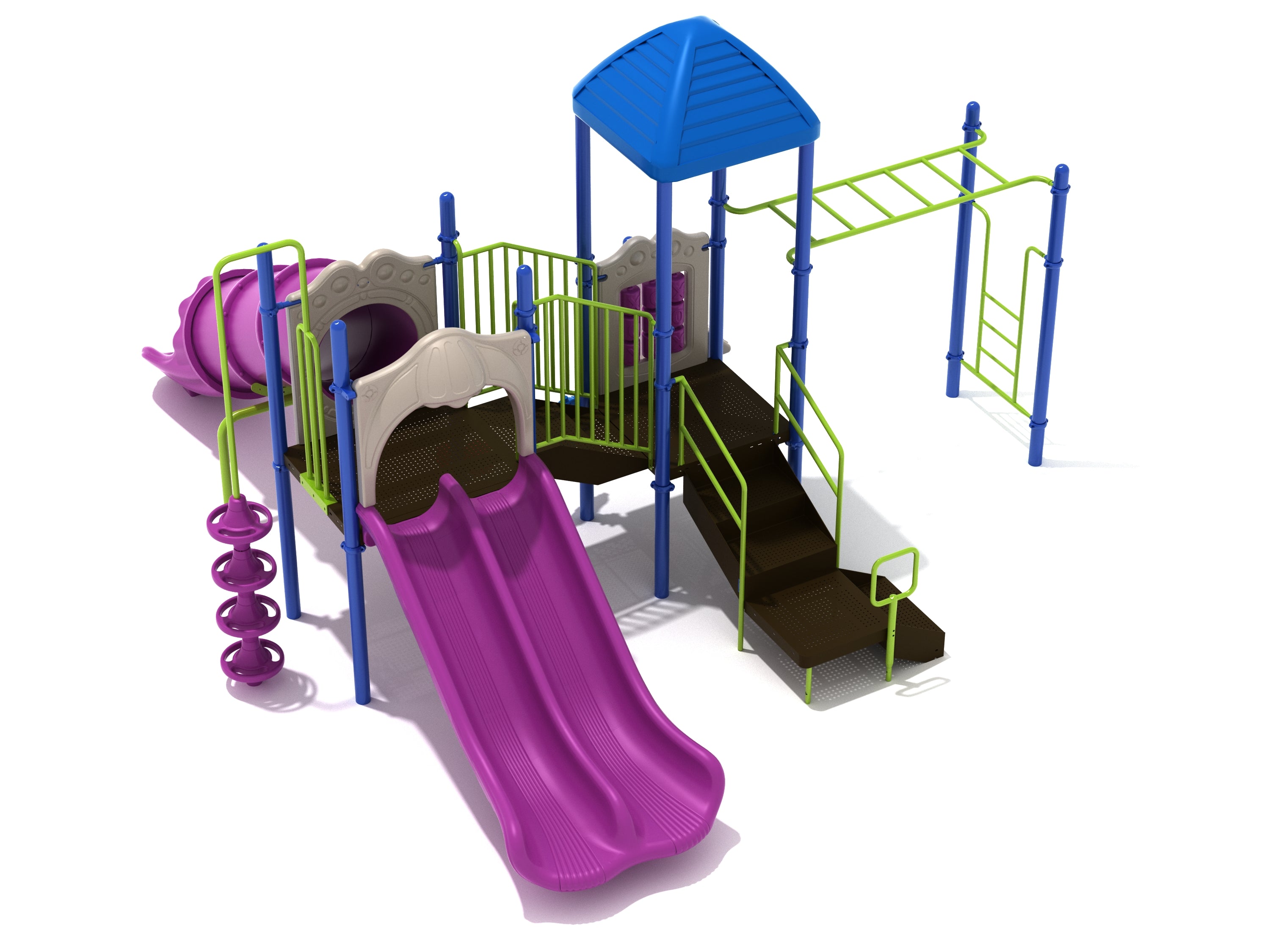 Elevated play structure with blue pyramid roof, purple double and tube slides, green railings, stairs, and climbing bars
